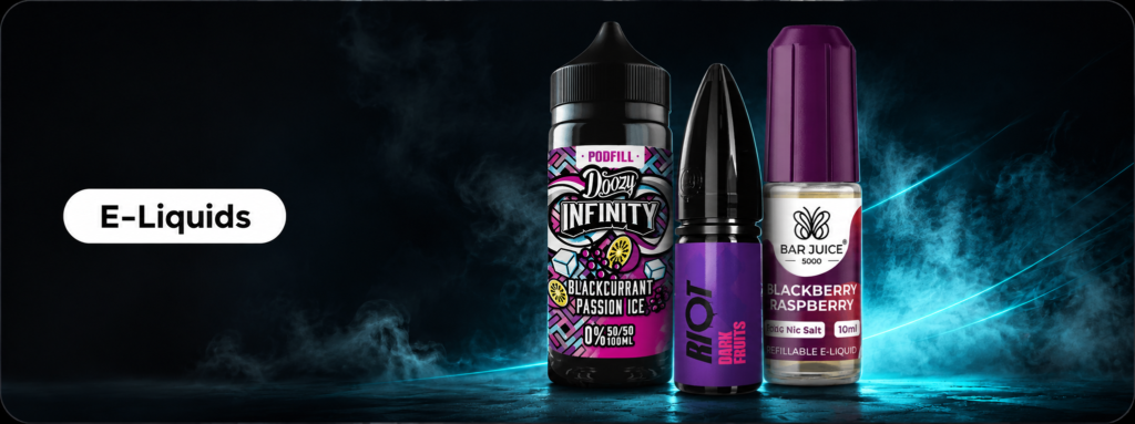 Shortfill and nic salt e-liquid bottles from Doozy, Riot and Bar Juice