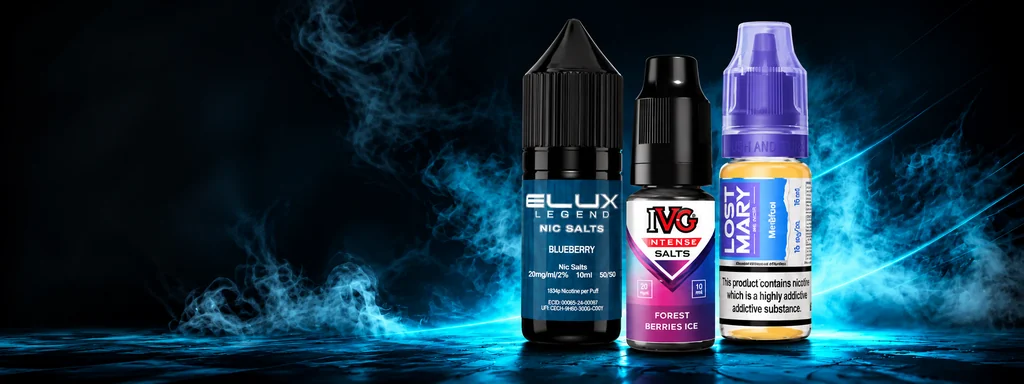 Nic salt e-liquid bottles from Elux, IVG and Lost Mary