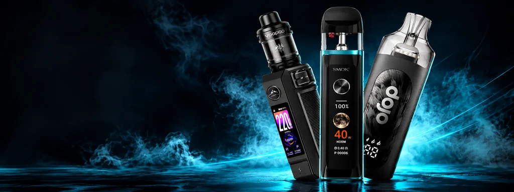 Box mod, pod mod and pod kit vape devices from Voopoo, SMOK and Dojo